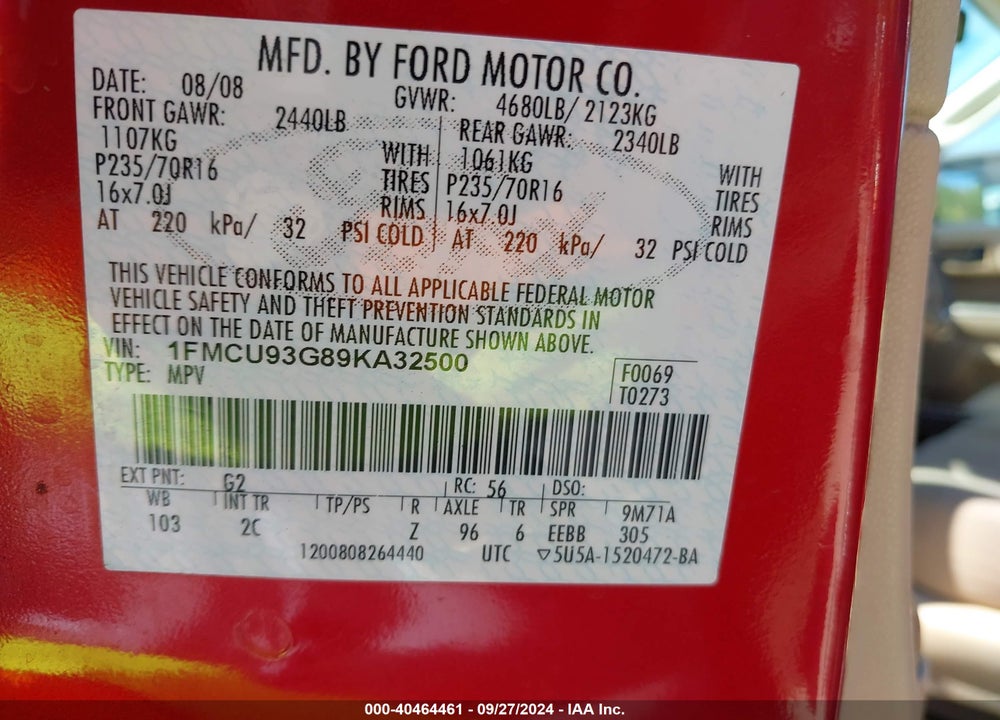 2009 FORD ESCAPE VIN: 1FMCU93G89KA32500