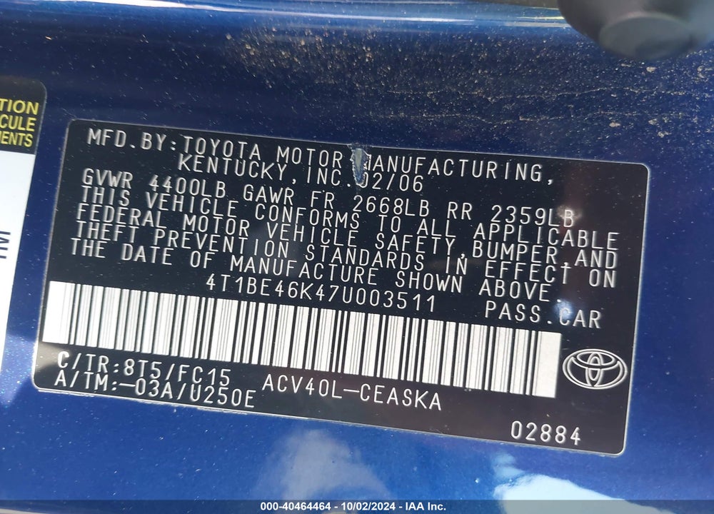 2007 TOYOTA CAMRY SE VIN: 4T1BE46K47U003511