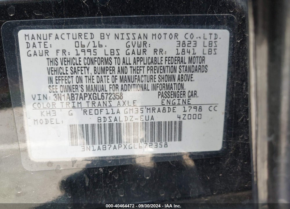 2016 NISSAN SENTRA SV VIN: 3N1AB7APXGL672358