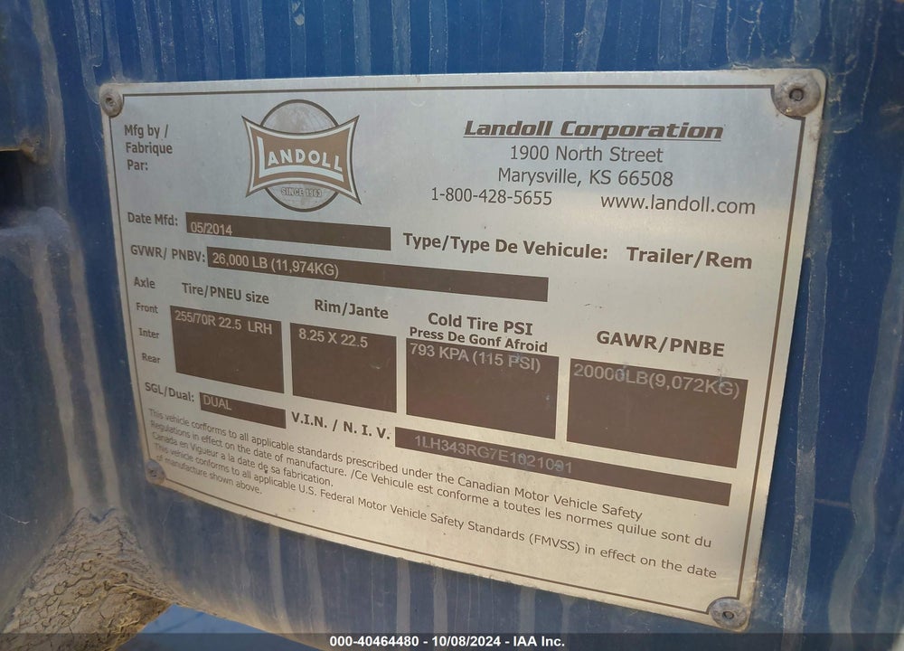 2014 LANDOLL CORP VIN: 1LH343RG7E1021091