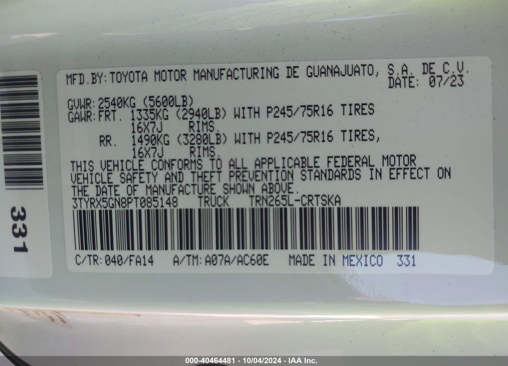 2023 TOYOTA TACOMA SR VIN: 3TYRX5GN8PT085148