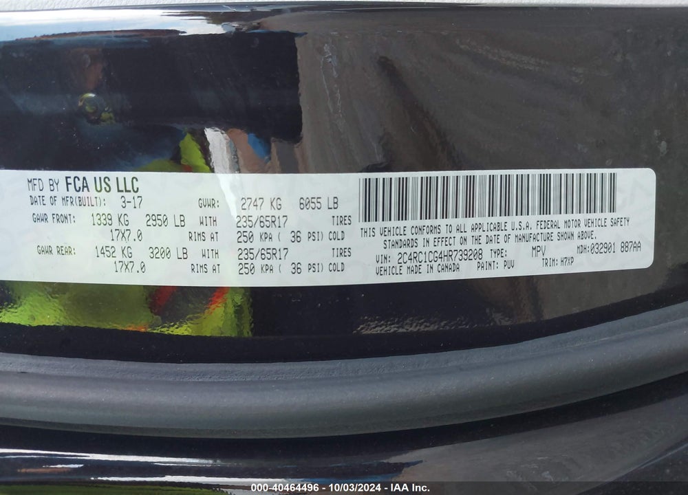 2017 CHRYSLER PACIFICA LX VIN: 2C4RC1CG4HR739208