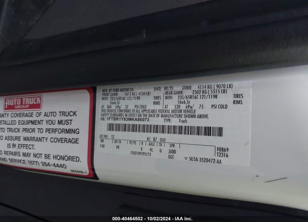 2021 FORD TRANSIT-250 CARGO VAN VIN: 1FTBR1Y83MKA86073