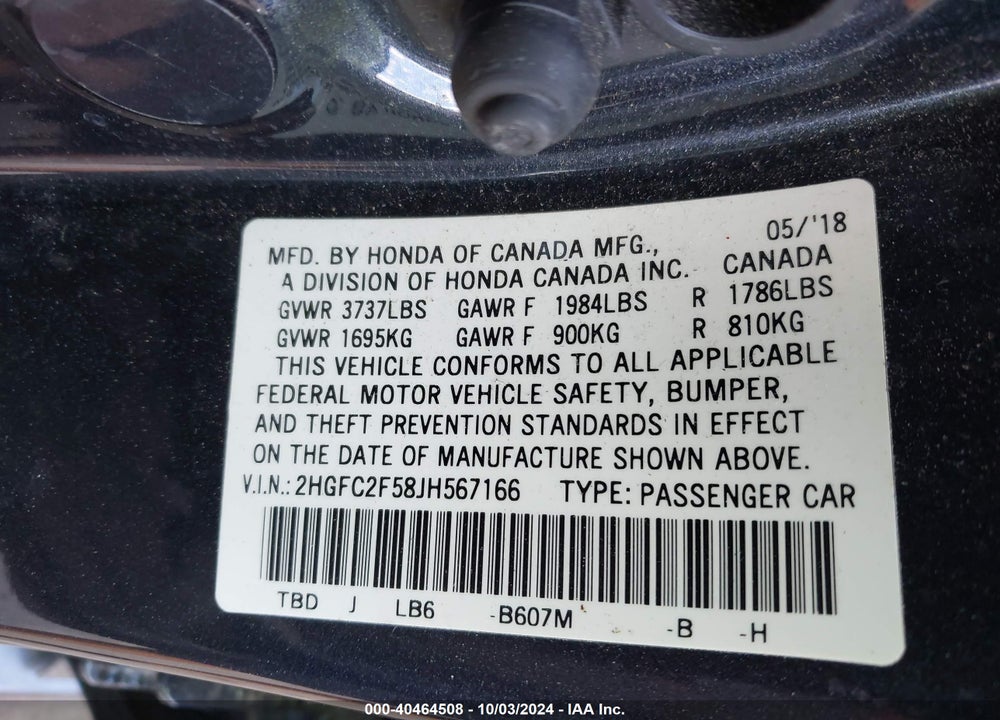 2018 HONDA CIVIC LX VIN: 2HGFC2F58JH567166