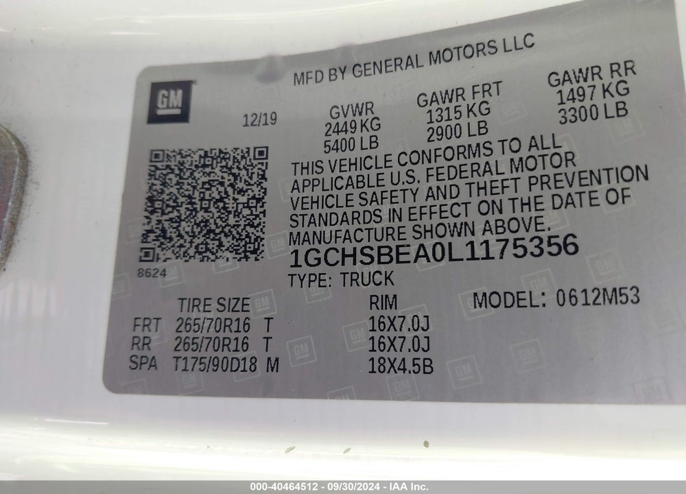 2020 CHEVROLET COLORADO 2WD LONG BOX WT VIN: 1GCHSBEA0L1175356