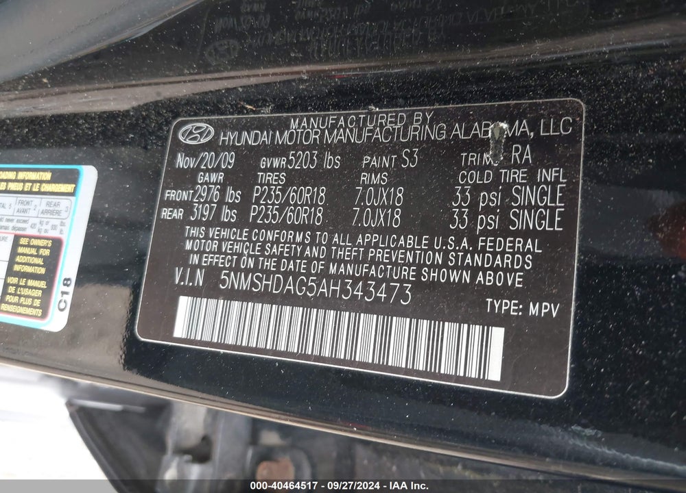 2010 HYUNDAI SANTA FE SE VIN: 5NMSHDAG5AH343473