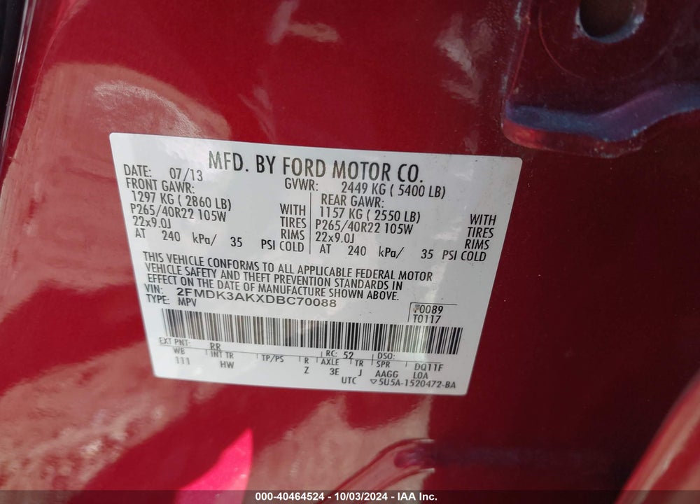 2013 FORD EDGE SPORT VIN: 2FMDK3AKXDBC70088