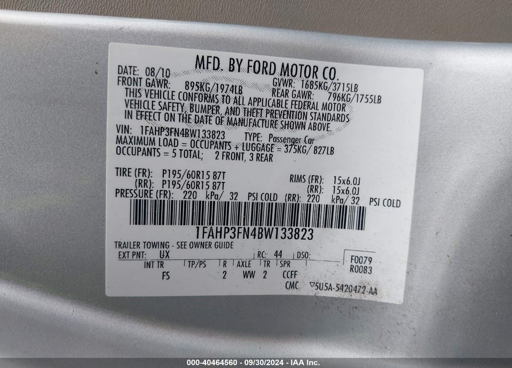 2011 FORD FOCUS SE VIN: 1FAHP3FN4BW133823