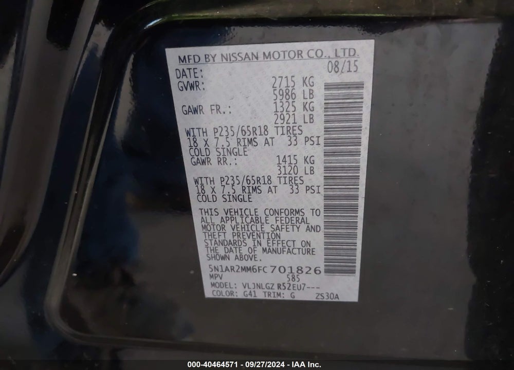 2015 NISSAN PATHFINDER SL VIN: 5N1AR2MM6FC701826