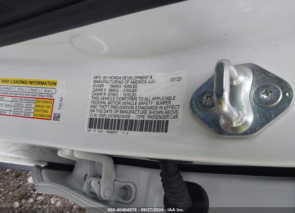 2023 HONDA CIVIC EX-L /EX-L W/O BSI VIN: 19XFL1H79PE016109