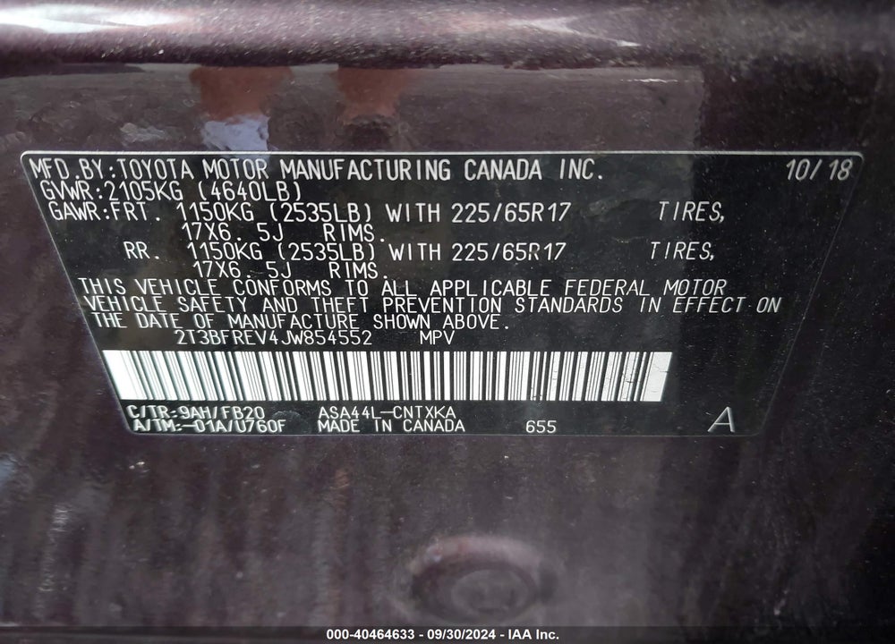 2018 TOYOTA RAV4 LE VIN: 2T3BFREV4JW854552