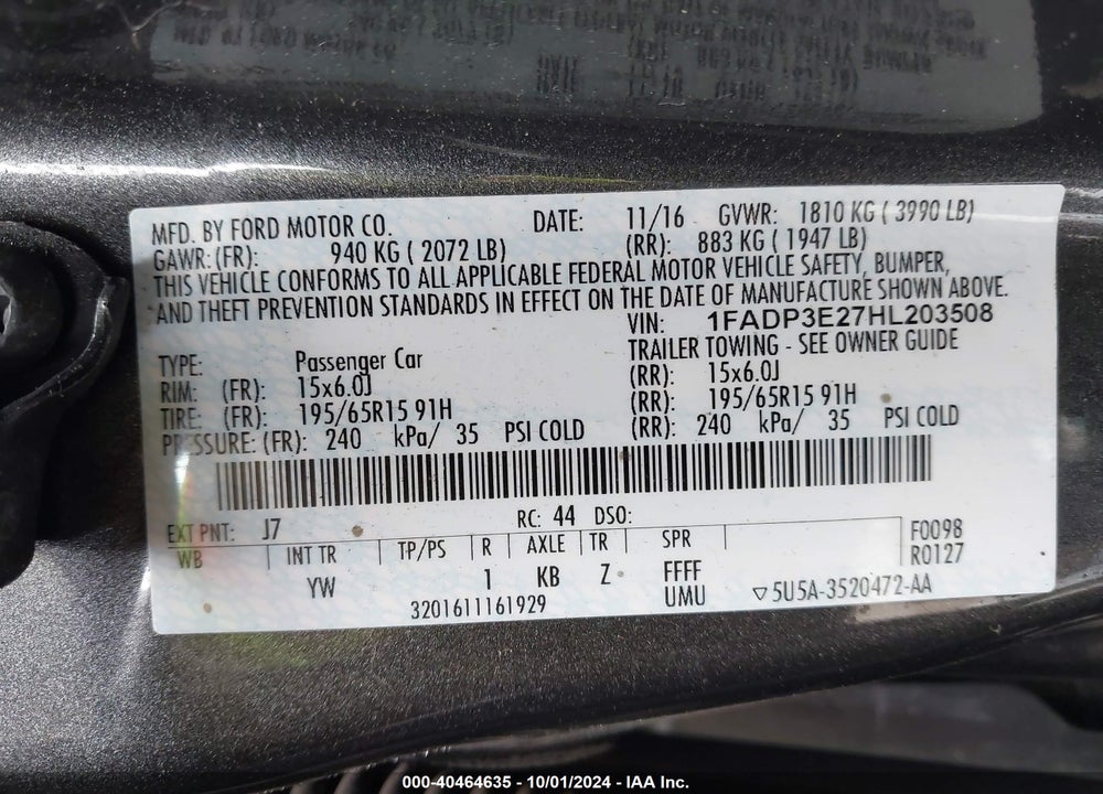 2017 FORD FOCUS S VIN: 1FADP3E27HL203508