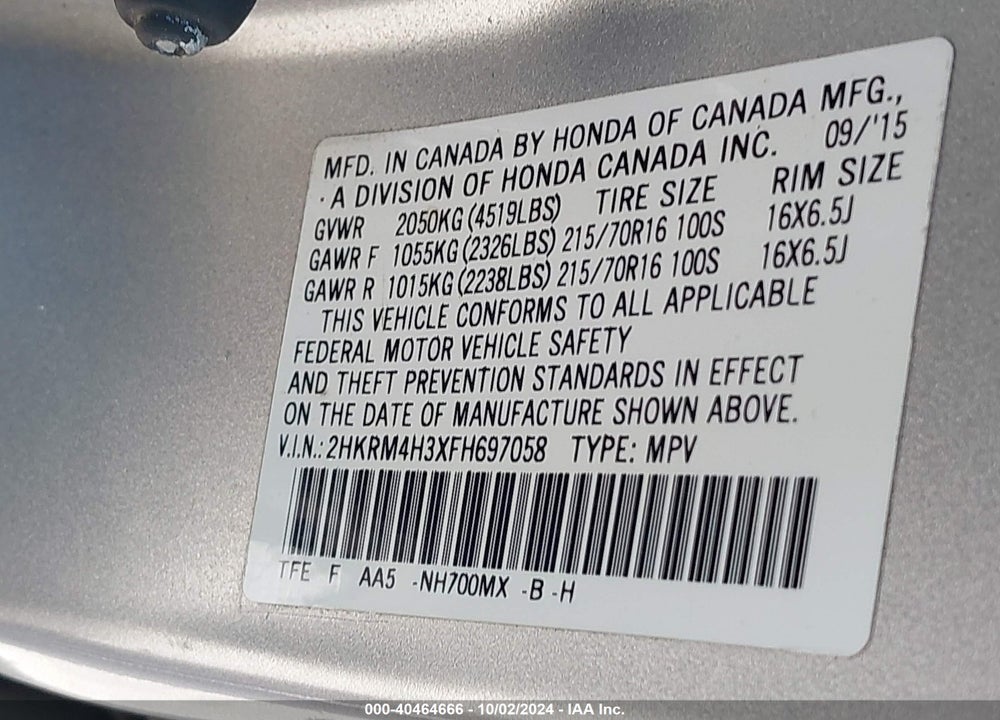 2015 HONDA CR-V LX VIN: 2HKRM4H3XFH697058