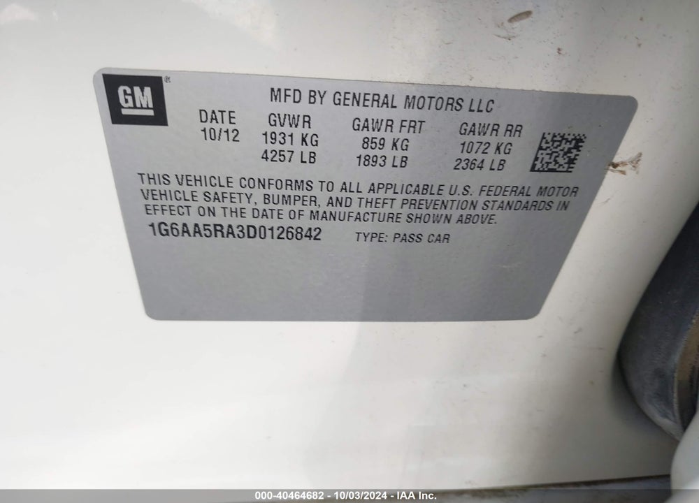 2013 CADILLAC ATS STANDARD VIN: 1G6AA5RA3D0126842