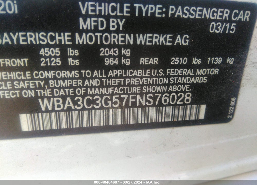 2015 BMW 320I XDRIVE VIN: WBA3C3G57FNS76028
