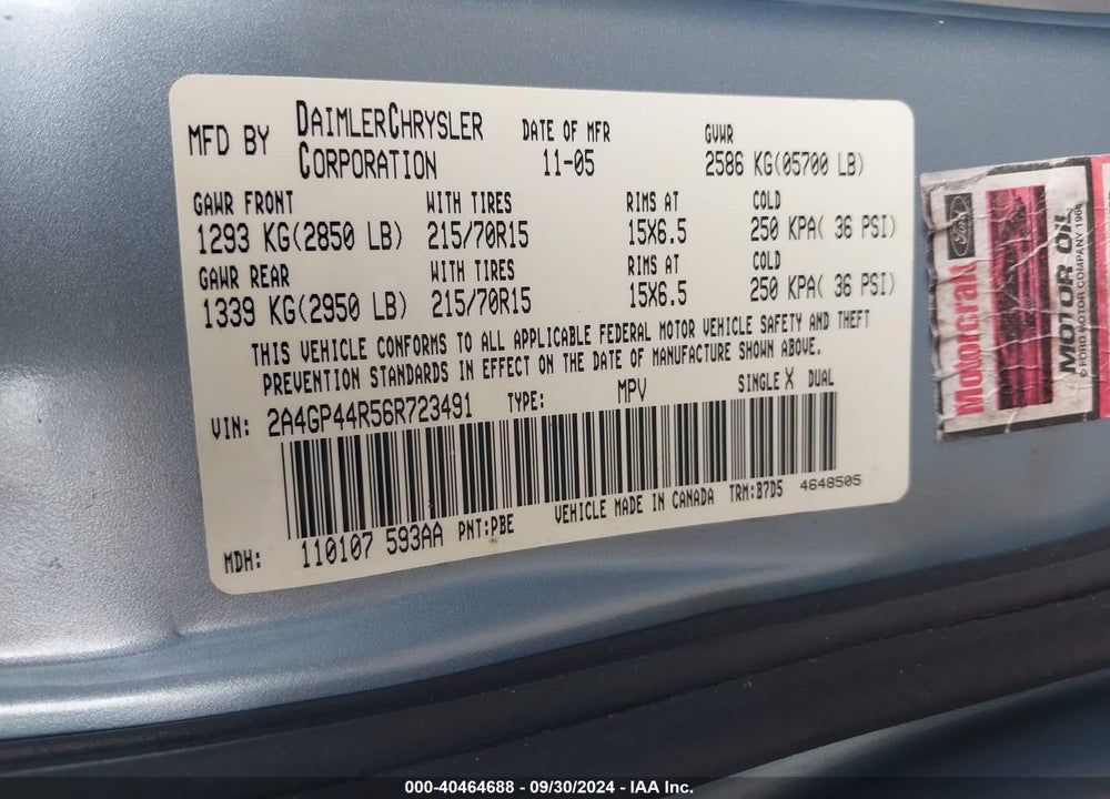 2006 CHRYSLER TOWN & COUNTRY LX VIN: 2A4GP44R56R723491