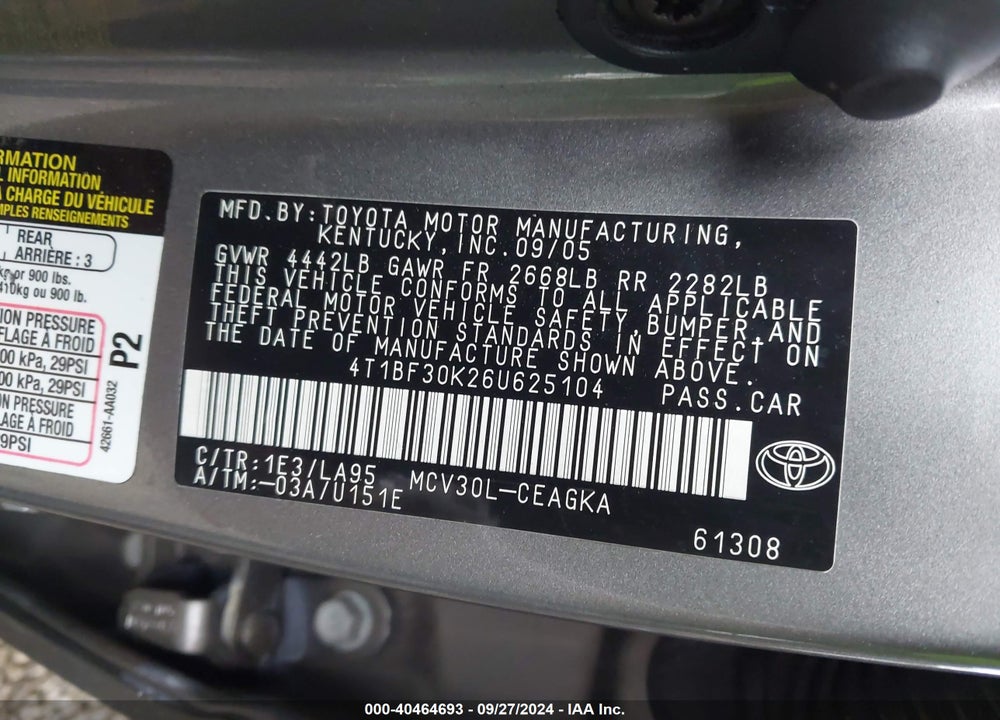 2006 TOYOTA CAMRY XLE V6 VIN: 4T1BF30K26U625104