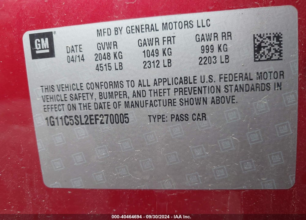 2014 CHEVROLET MALIBU 1LT VIN: 1G11C5SL2EF270005