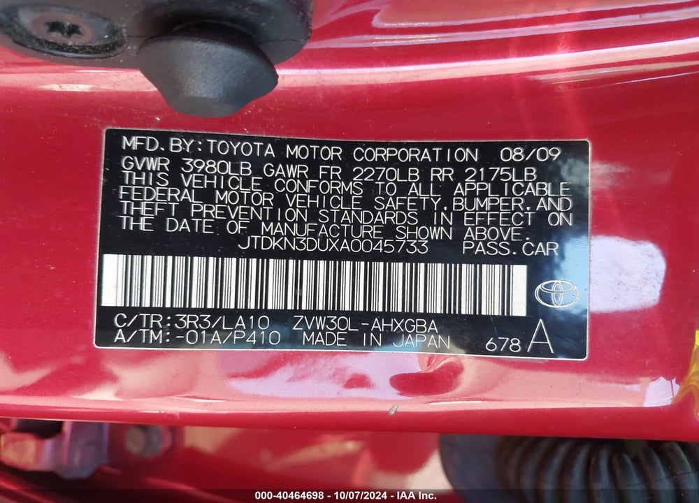 2010 TOYOTA PRIUS IV VIN: JTDKN3DUXA0045733