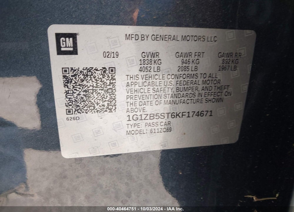 2019 CHEVROLET MALIBU 1LS VIN: 1G1ZB5ST6KF174671