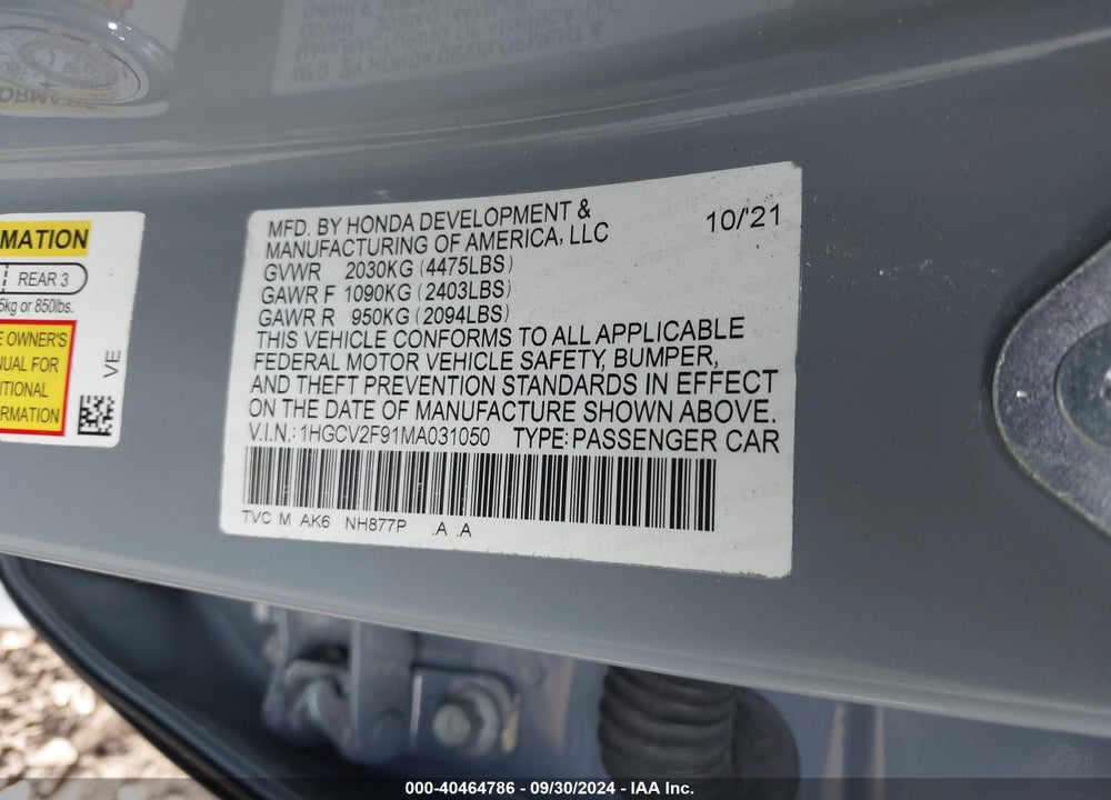 2021 HONDA ACCORD TOURING VIN: 1HGCV2F91MA031050