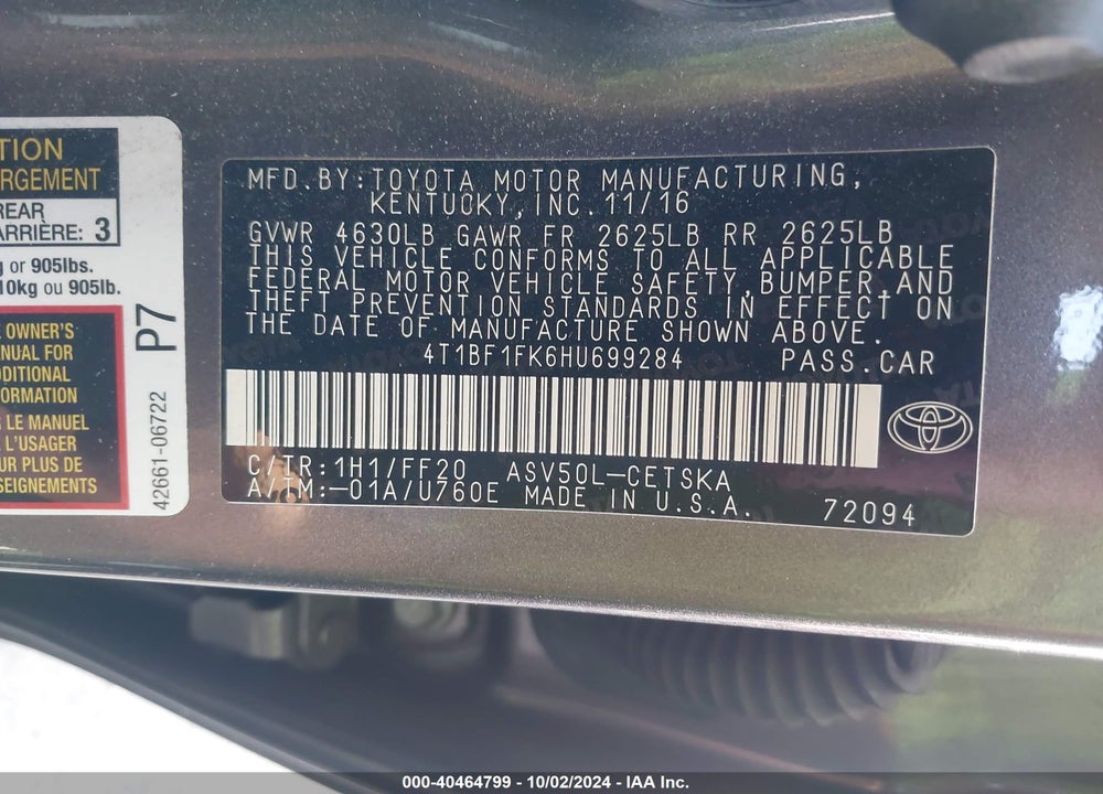2017 TOYOTA CAMRY SE VIN: 4T1BF1FK6HU699284
