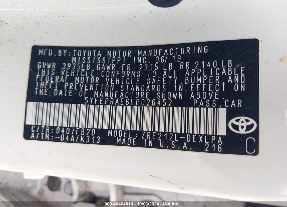 2020 TOYOTA COROLLA LE VIN: 5YFEPRAE6LP026452