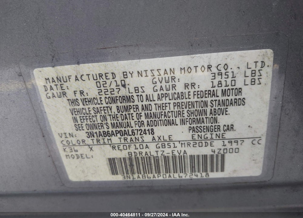 2010 NISSAN SENTRA 2.0S VIN: 3N1AB6AP0AL672418