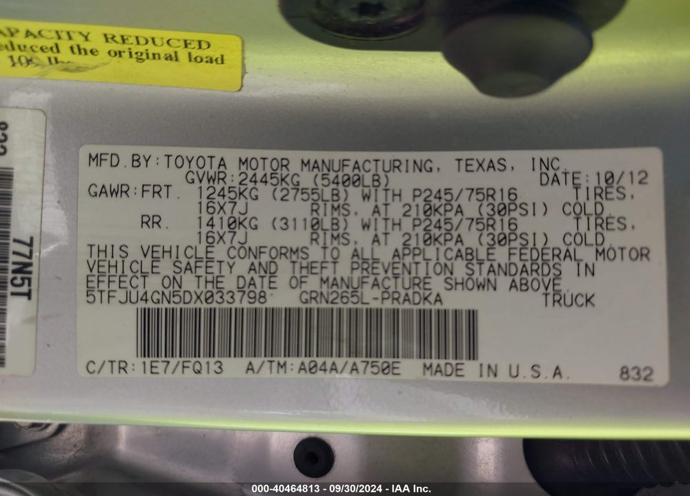 2013 TOYOTA TACOMA PRERUNNER V6 VIN: 5TFJU4GN5DX033798