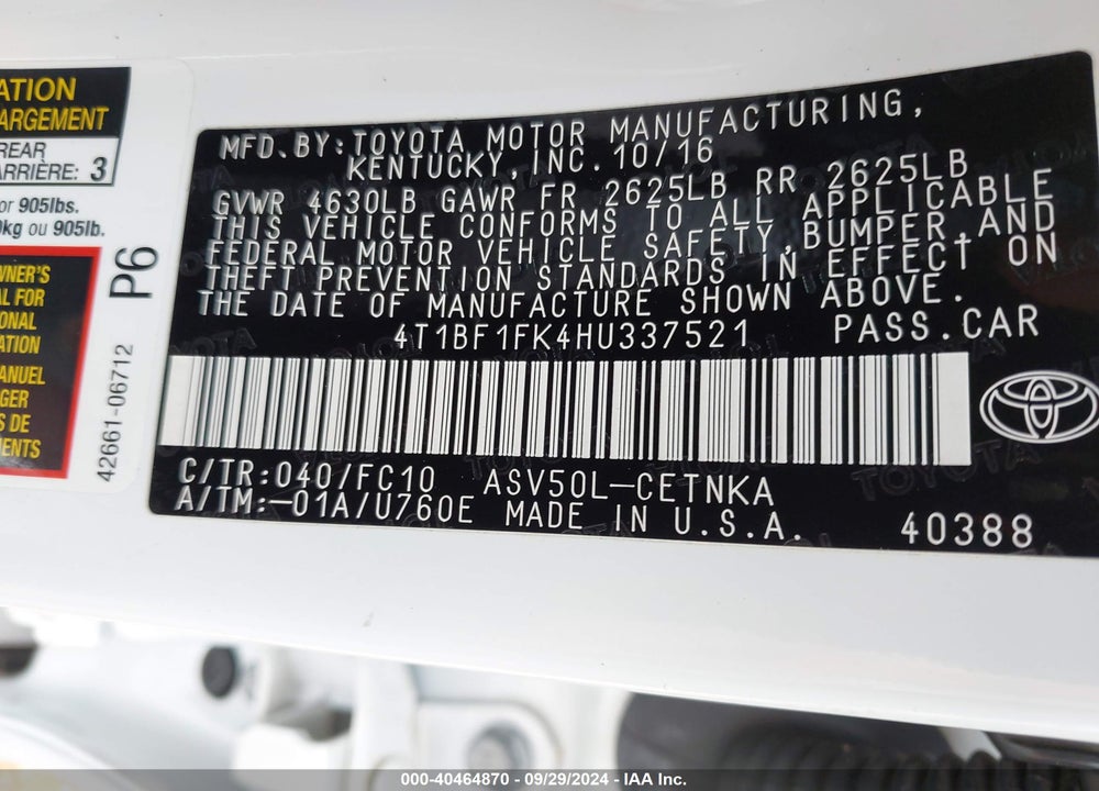 2017 TOYOTA CAMRY LE VIN: 4T1BF1FK4HU337521