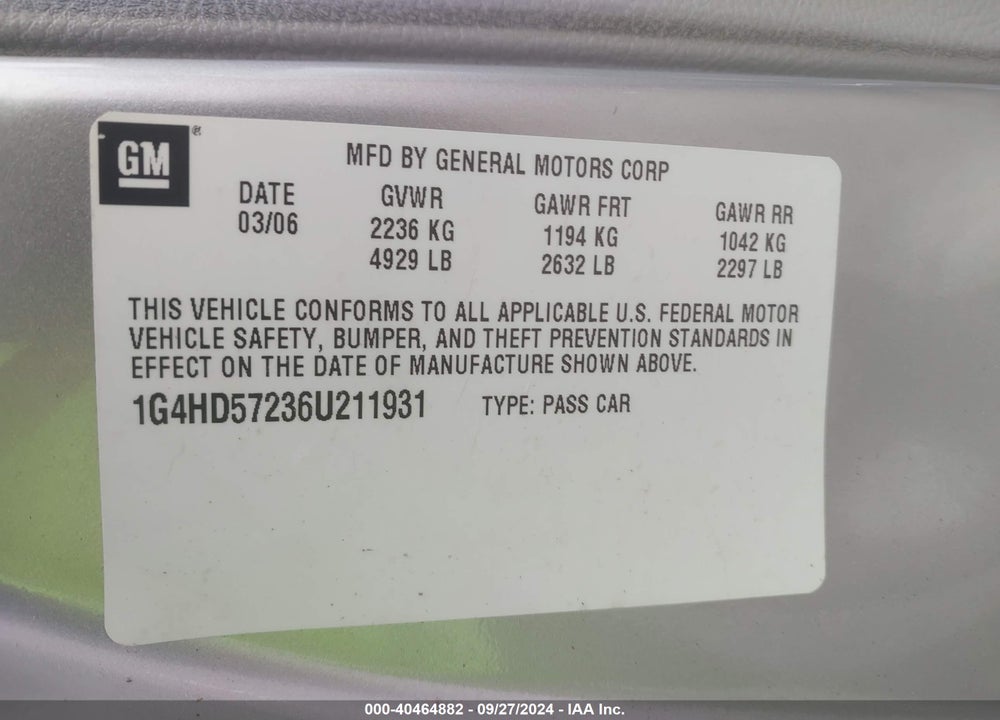 2006 BUICK LUCERNE CXL VIN: 1G4HD57236U211931