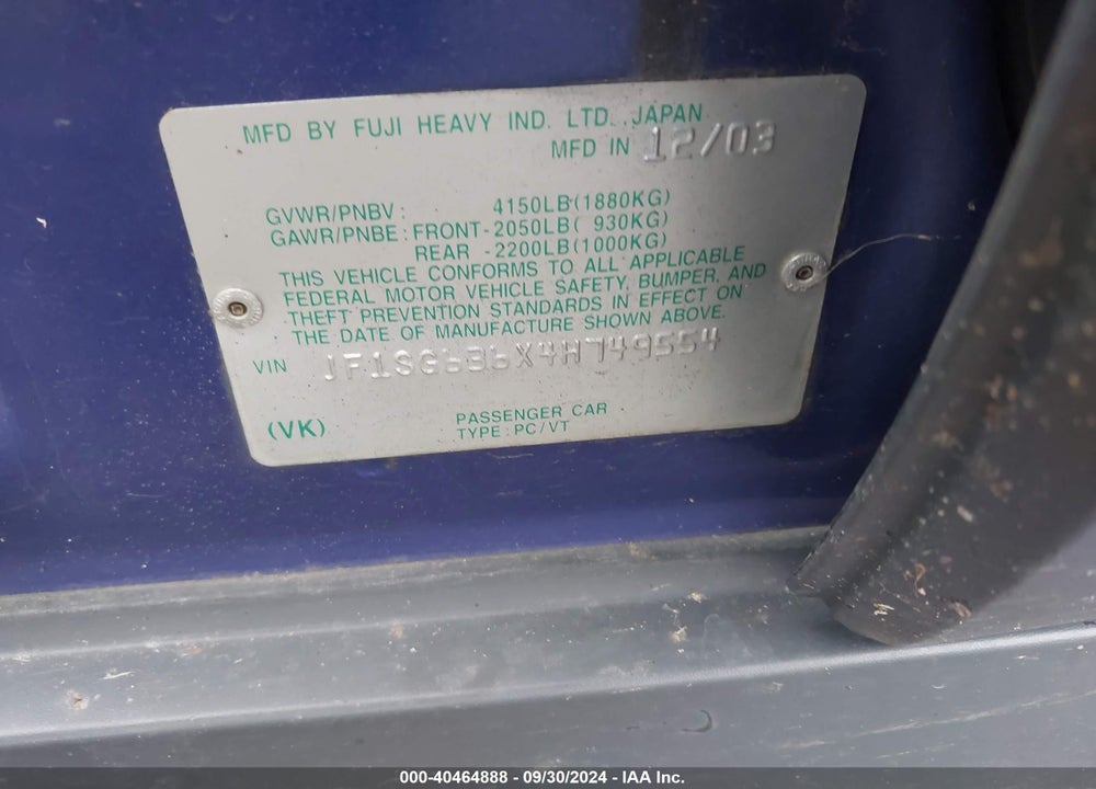 2004 SUBARU FORESTER VIN: JF1SG636X4H749554