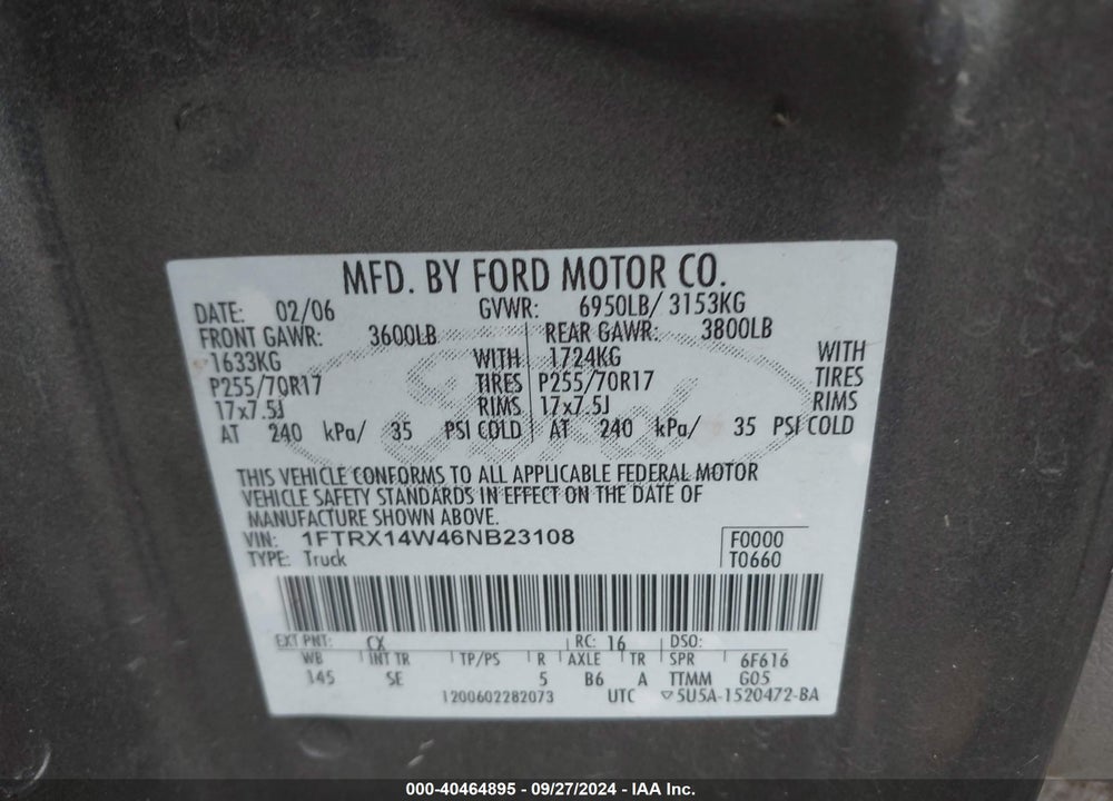2006 FORD F-150 STX/XL/XLT VIN: 1FTRX14W46NB23108