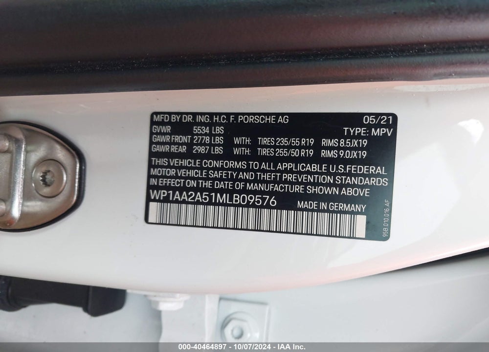 2021 PORSCHE MACAN VIN: WP1AA2A51MLB09576