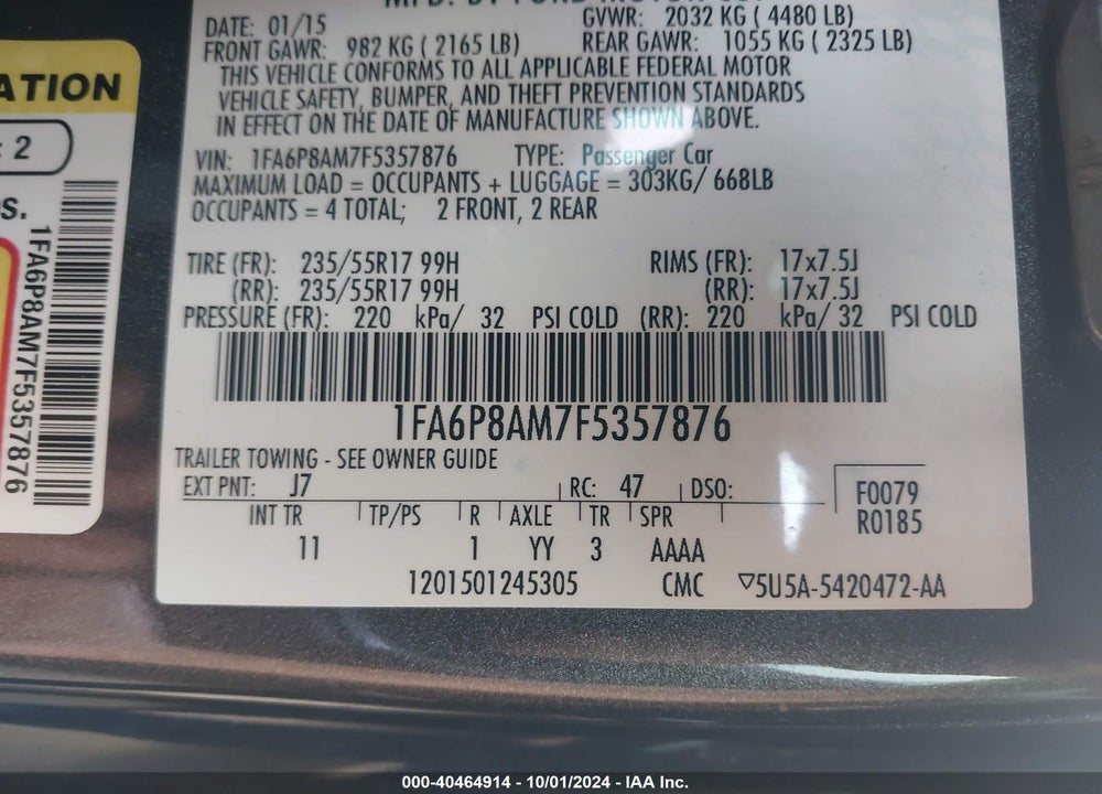2015 FORD MUSTANG V6 VIN: 1FA6P8AM7F5357876
