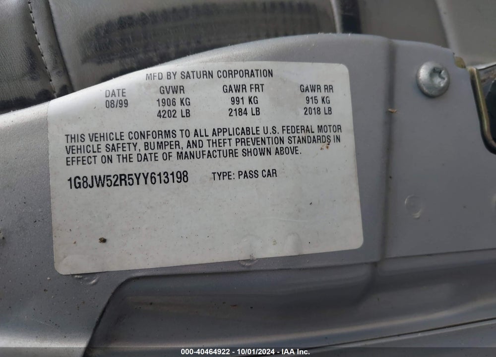 2000 SATURN LS2 VIN: 1G8JW52R5YY613198