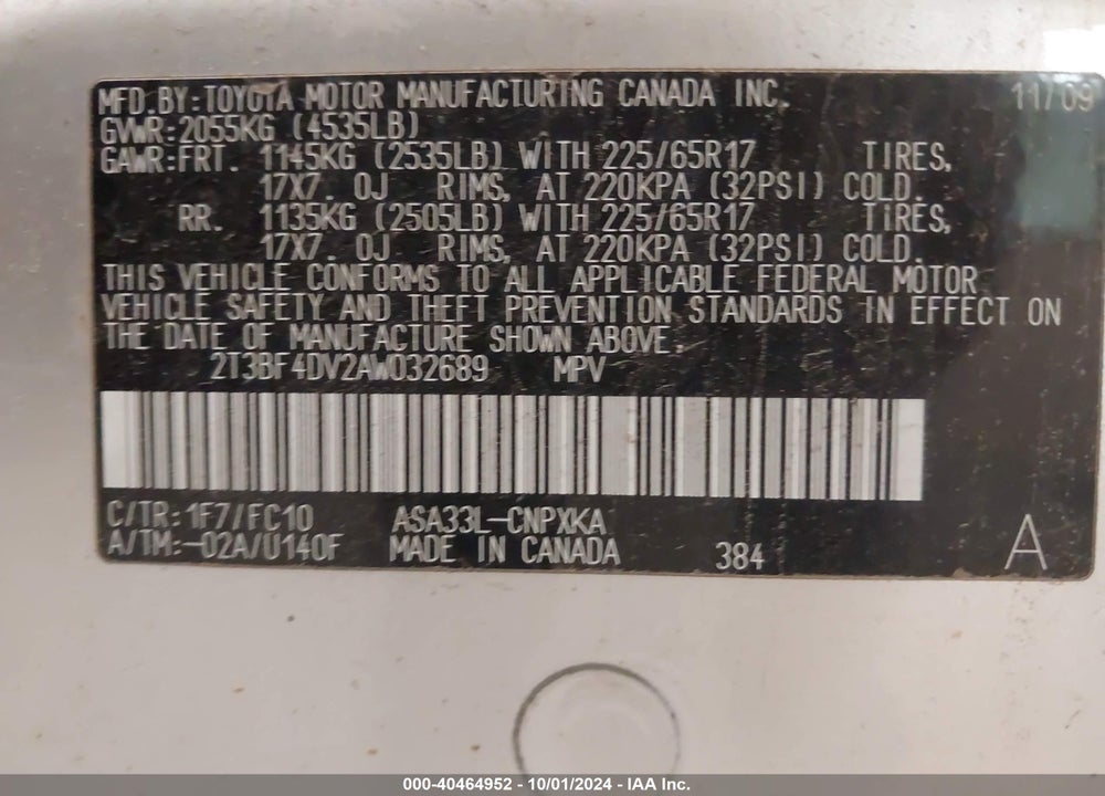 2010 TOYOTA RAV4 VIN: 2T3BF4DV2AW032689