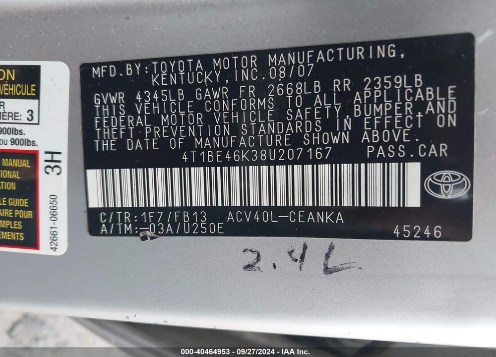 2008 TOYOTA CAMRY LE VIN: 4T1BE46K38U207167