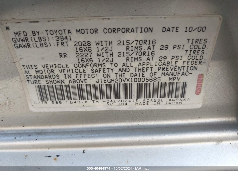 2001 TOYOTA RAV4 VIN: JTEGH20VX10005685