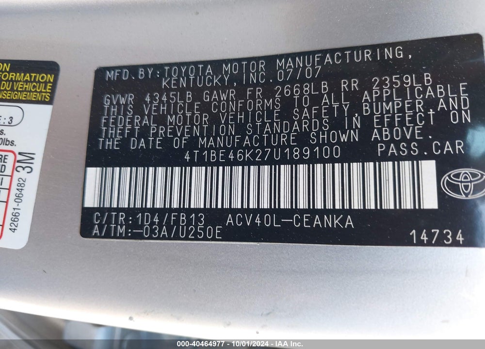 2007 TOYOTA CAMRY LE VIN: 4T1BE46K27U189100