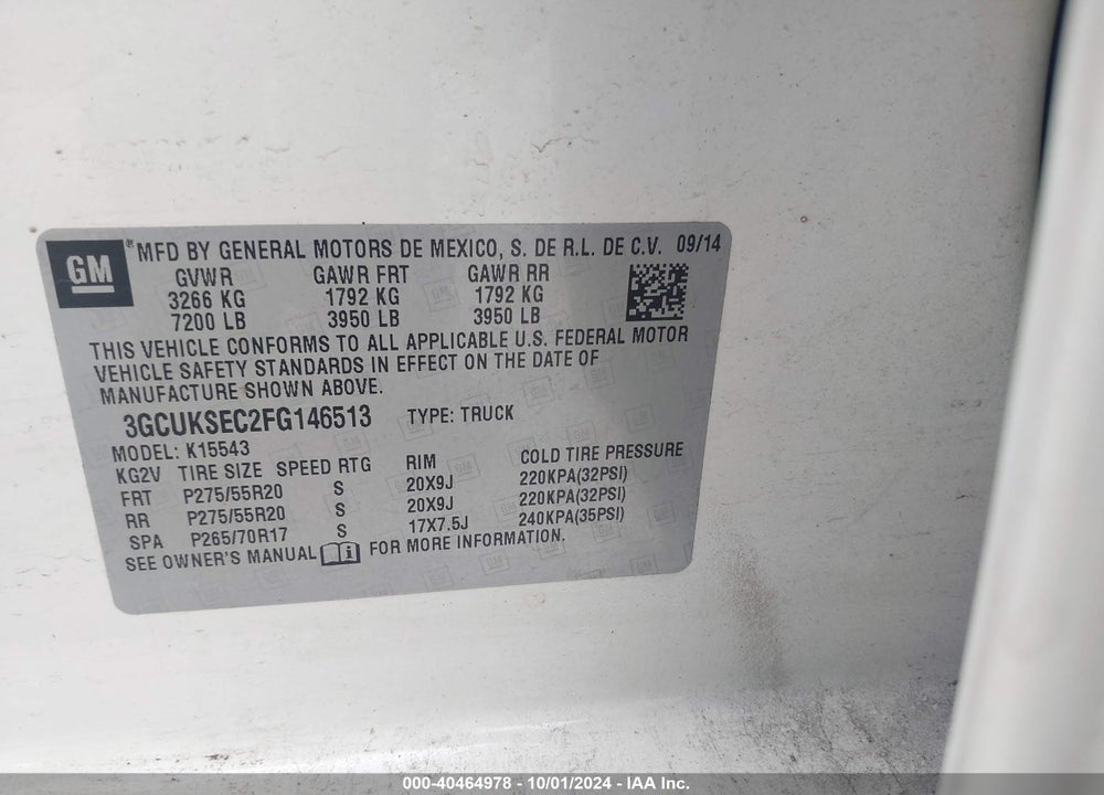 2015 CHEVROLET SILVERADO 1500 1LZ VIN: 3GCUKSEC2FG146513