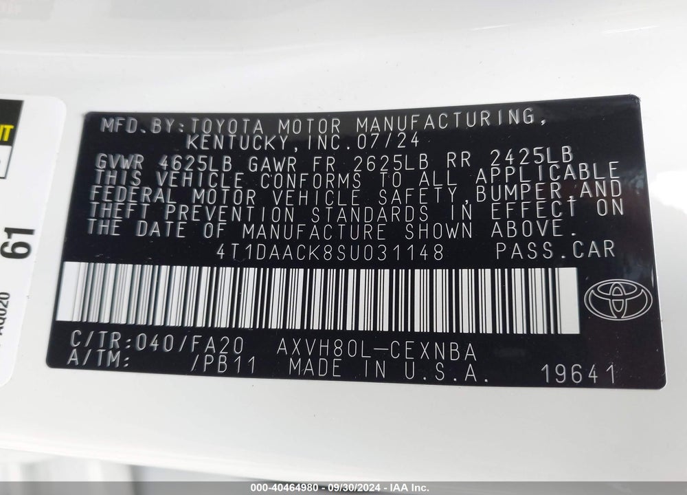 2025 TOYOTA CAMRY LE VIN: 4T1DAACK8SU031148