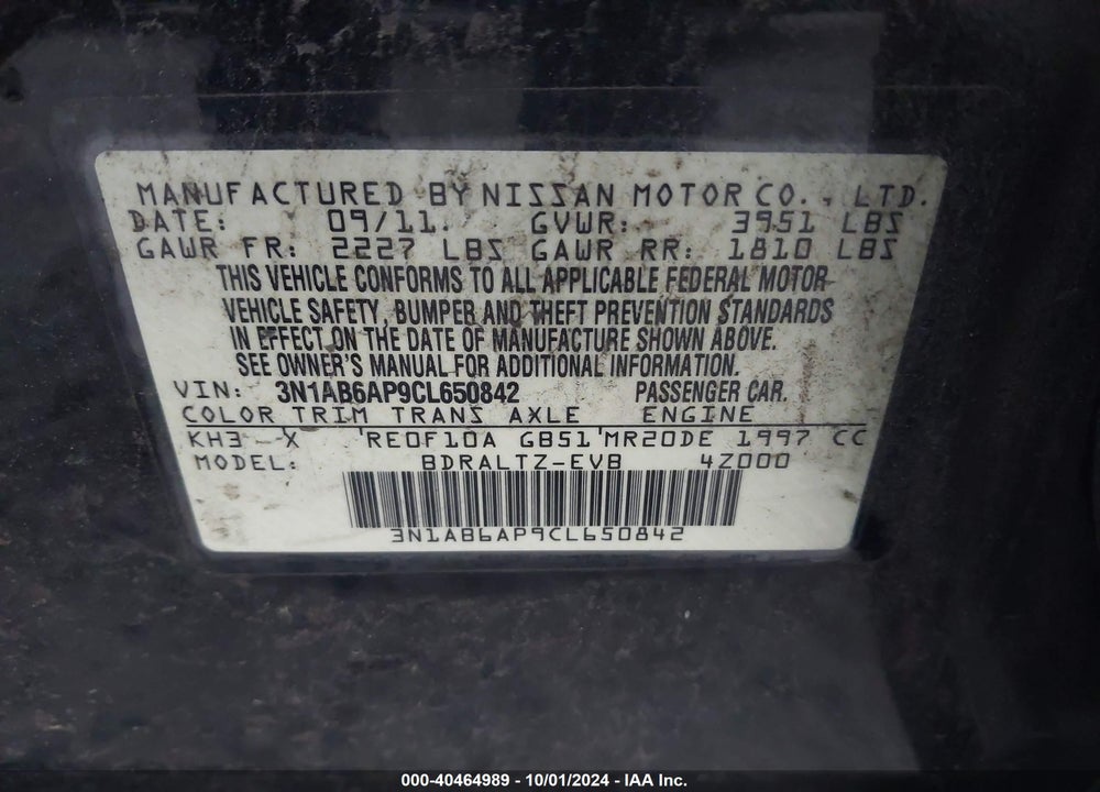 2012 NISSAN SENTRA VIN: 3N1AB6AP9CL650842