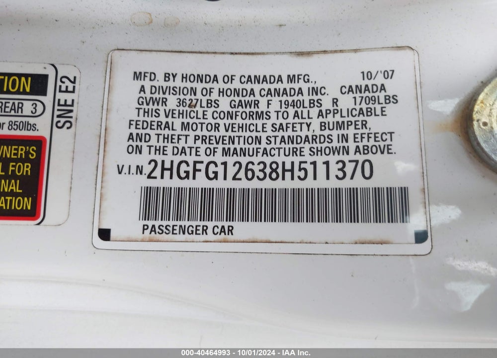 2008 HONDA CIVIC LX VIN: 2HGFG12638H511370