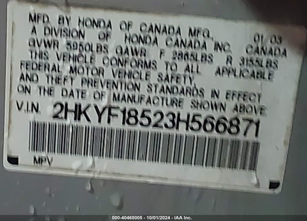 2003 HONDA PILOT EX-L VIN: 2HKYF18523H566871
