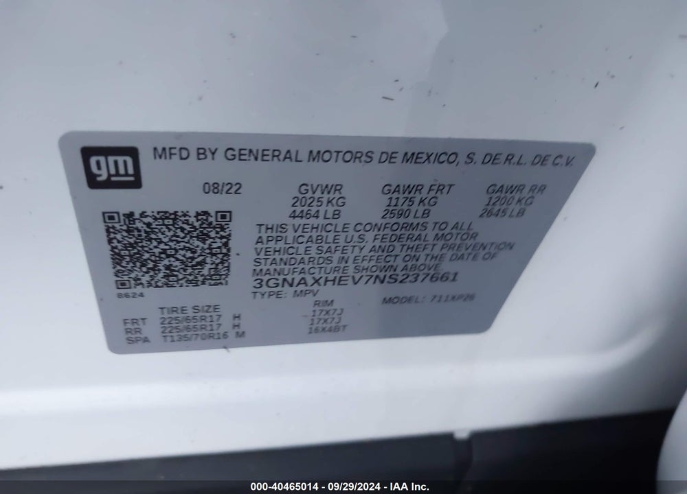 2022 CHEVROLET EQUINOX FWD LS VIN: 3GNAXHEV7NS237661