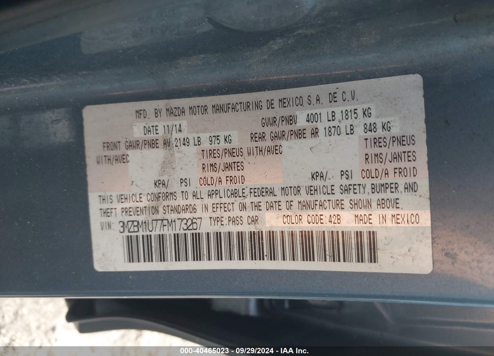 2015 MAZDA 3 VIN: 3MZBM1U77FM173267