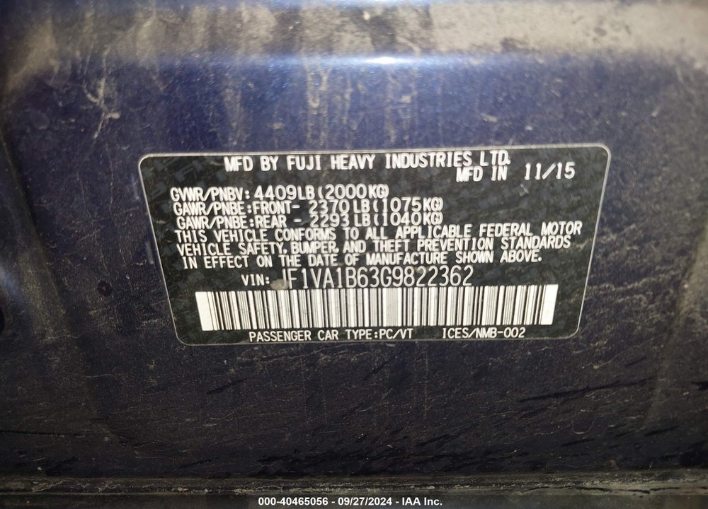 2016 SUBARU WRX VIN: JF1VA1B63G9822362