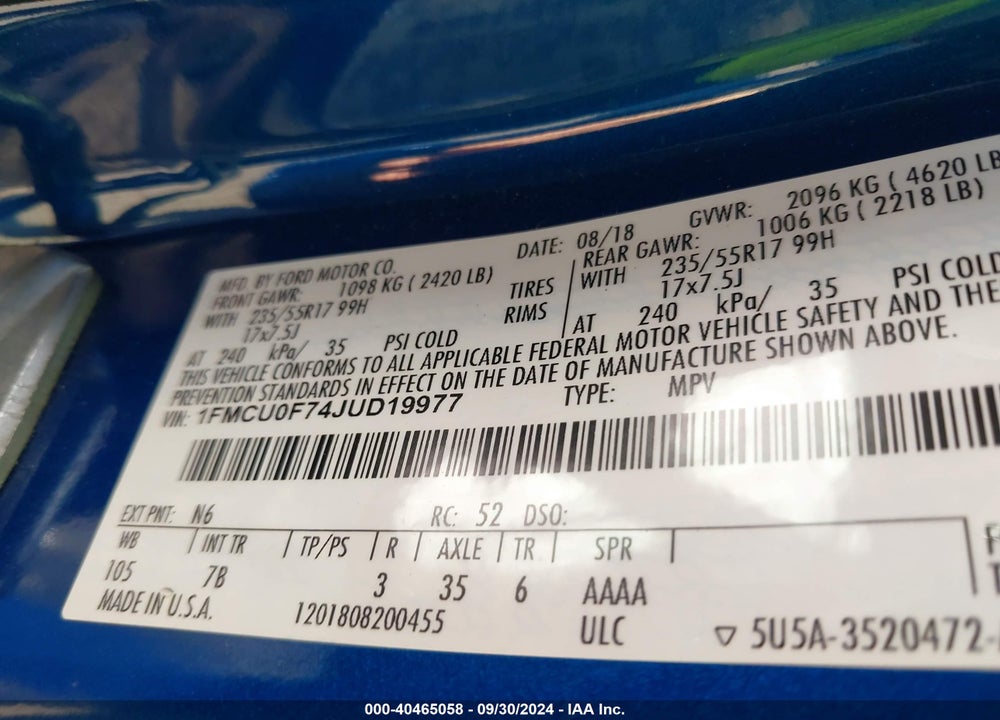 2018 FORD ESCAPE S VIN: 1FMCU0F74JUD19977