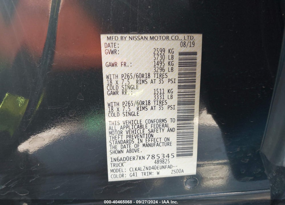 2019 NISSAN FRONTIER SV VIN: 1N6AD0ER7KN785345